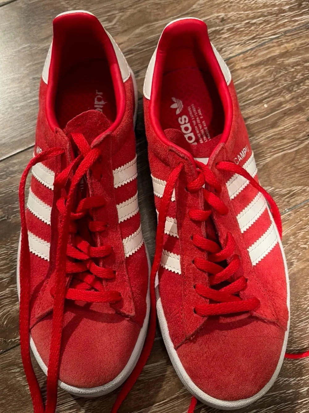 adidas Red Suede Campus Sneakers with White Stripes